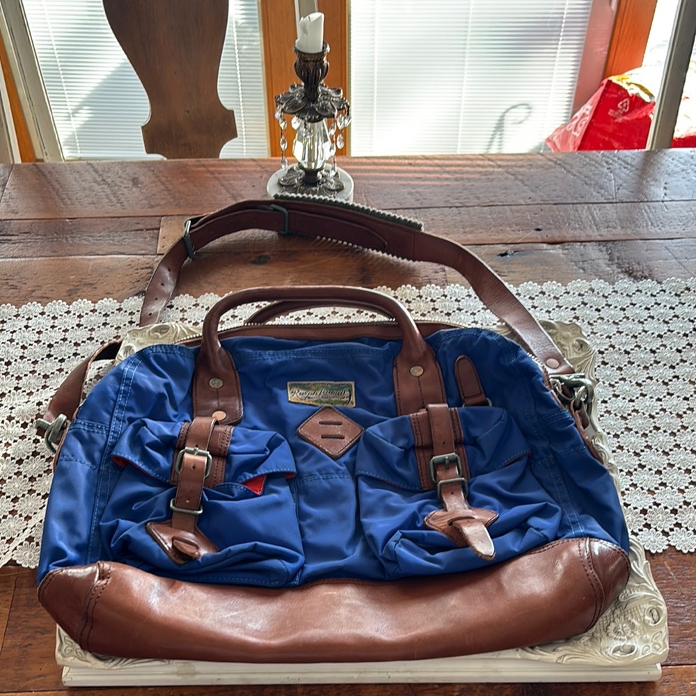 Polo by Ralph Lauren Blue Nylon Messenger laptop Bag with Brown Leather Trim